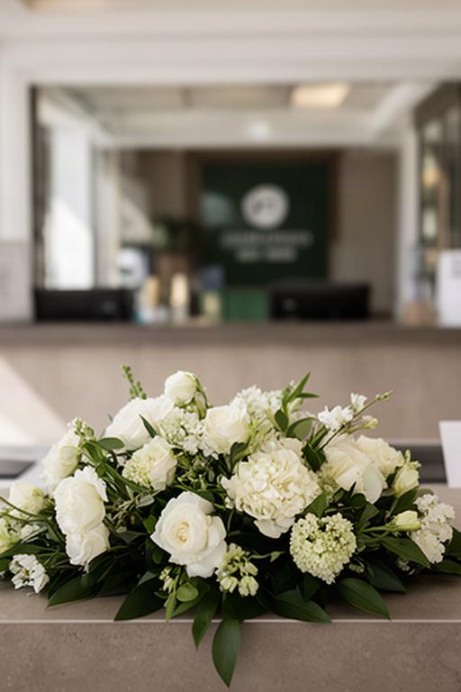 Arreglo floral bajo y elegante en la mesa de registro de un torneo de golf en Manilva