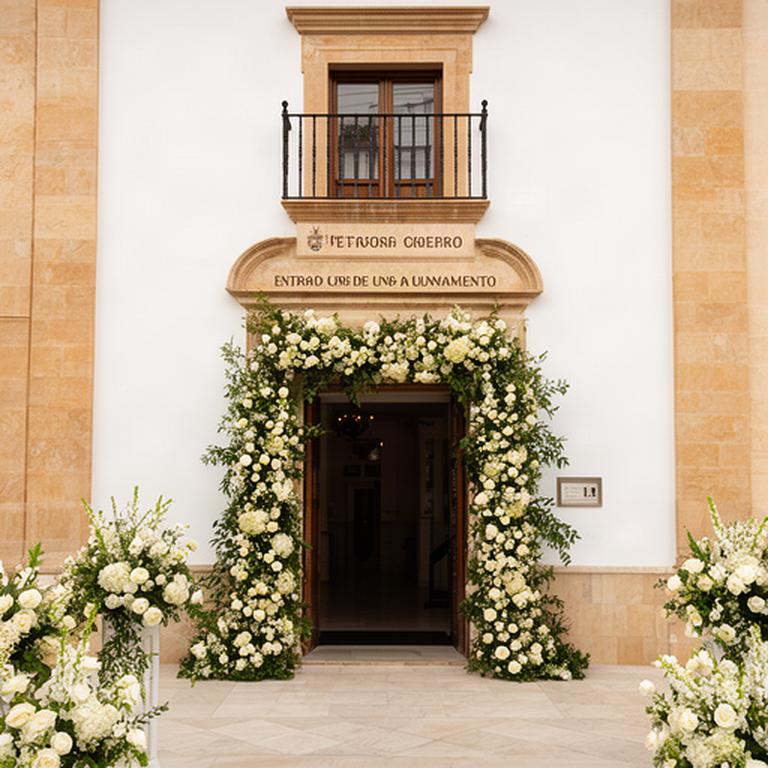 Entrada de ayuntamiento decorada con flores de temporada para una boda civil en Estepona
