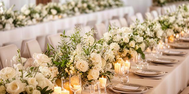 Montaje floral para una boda multicultural en Marbella con mesas largas y flores en tonos marfil