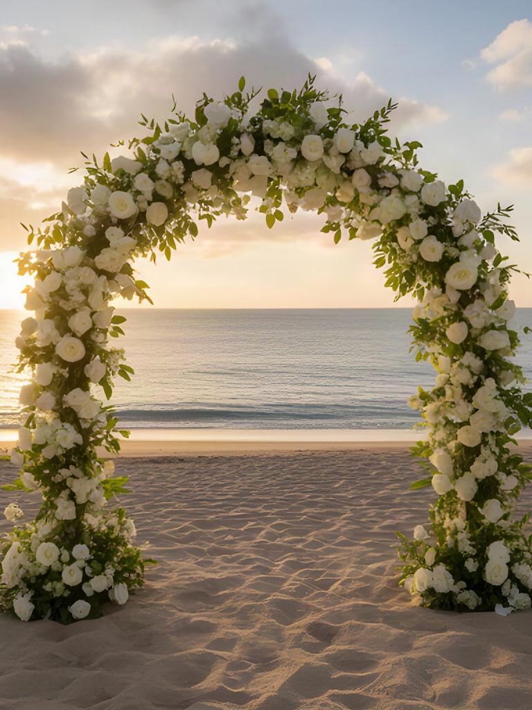 Arco floral blanco y verde instalado sobre la arena de una playa de Manilva al atardecer