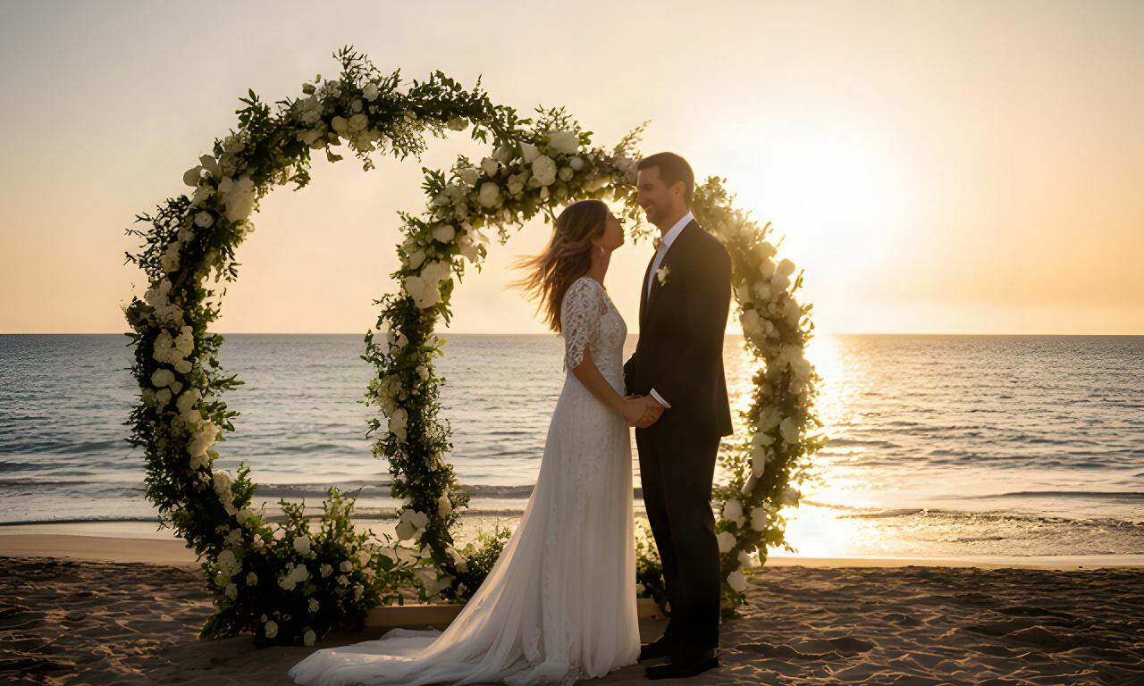 Pareja tomada de la mano bajo un arco de flores frente al mar al atardecer en Manilva