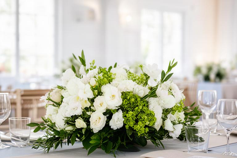 Centro floral blanco y verde sobre una mesa de comunión en un salón luminoso de Manilva