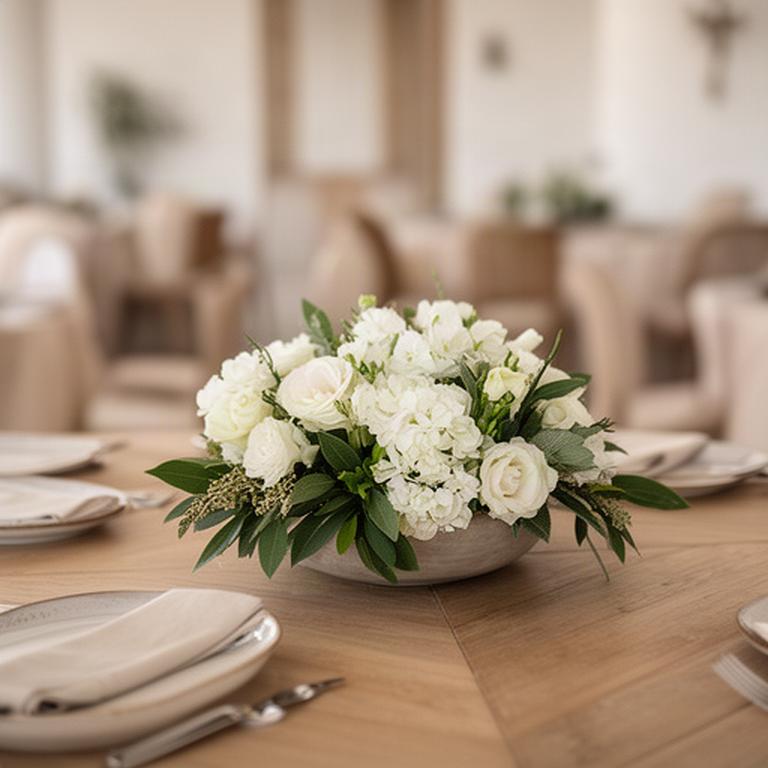 Centro de mesa bajo con flores blancas y follaje en una celebración civil íntima