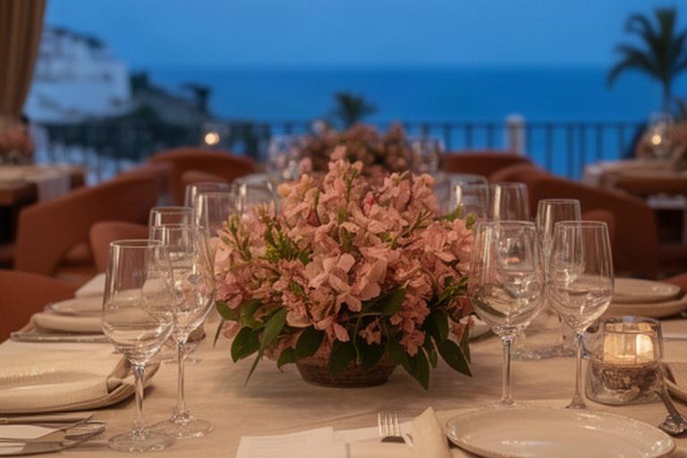 Centro de mesa bajo con flores rosadas en un restaurante costero preparado para el servicio de cena
