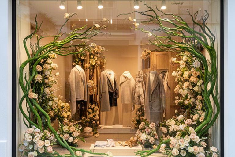 Escaparate de una boutique de Manilva decorado con ramas verdes y flores de temporada