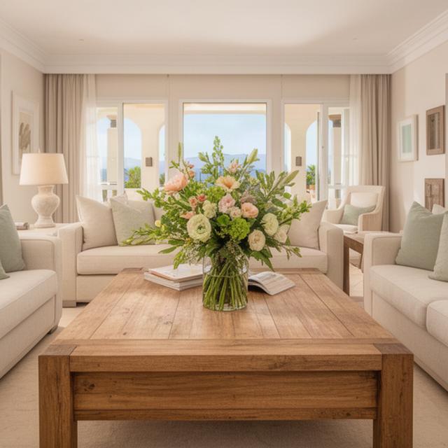 Salón luminoso de una villa en Manilva con centro floral sobre la mesa de madera