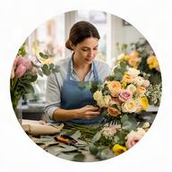 Florista diseñando un ramo de temporada en el taller de Manilva