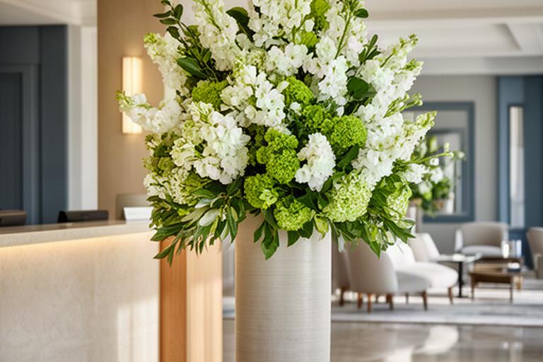 Jarrón alto con flores blancas y verdes en la recepción de un hotel boutique de la Costa del Sol