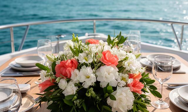Centro floral bajo y resistente al viento sobre una mesa de yate en aguas de Manilva