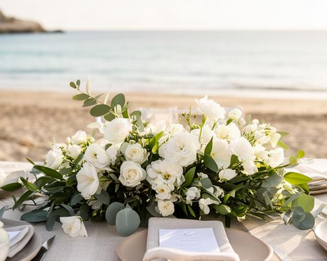 Mesa floral de una boda íntima junto a la playa de Manilva con flores blancas y verdes
