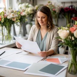Profesional de atención a clientes revisando una propuesta floral para un evento