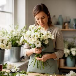 Florista especializada en bodas preparando un ramo de flores blancas en el taller