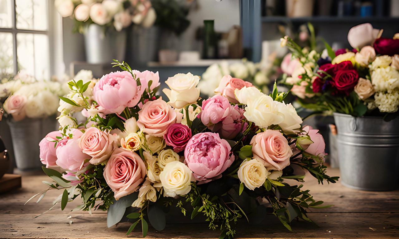 Ramo exuberante de rosas y peonías frescas sobre una mesa rústica en una floristería de Manilva