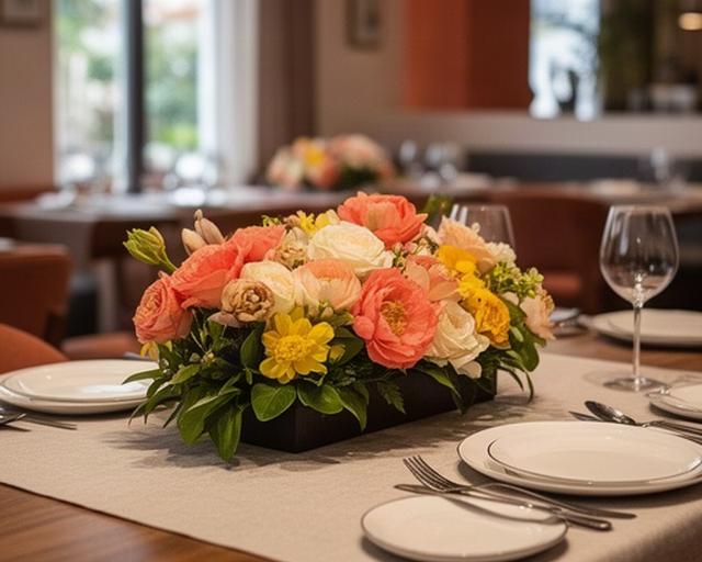 Centro de mesa con flores de temporada en un restaurante de la Costa del Sol