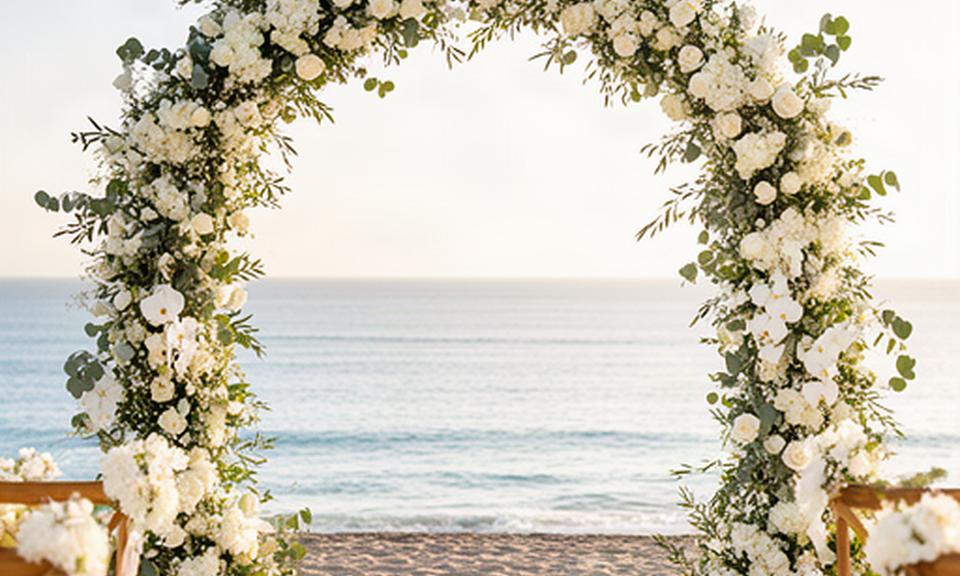 Arco floral con flores blancas en una boda playera celebrada en Manilva