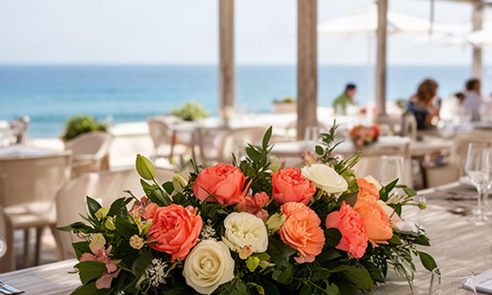 Centro de mesa con flores coral y follaje en un evento corporativo junto al mar