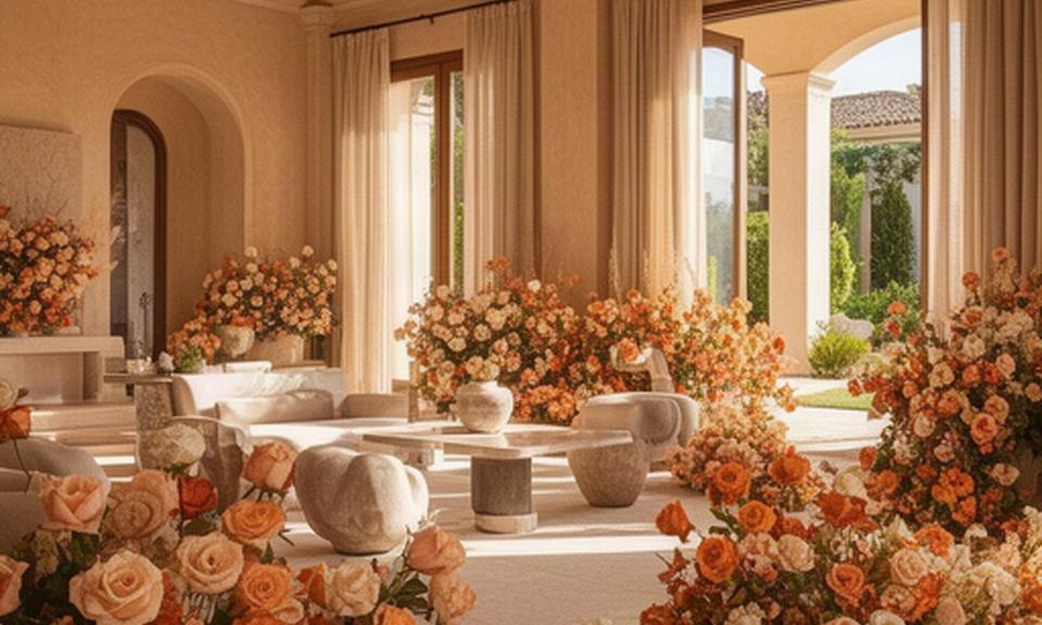 Ambientación floral de una villa de lujo preparada para una sesión de fotografía en la Costa del Sol