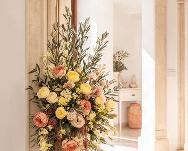 Arreglo de flores mediterráneas en la entrada luminosa de una villa turística en Manilva