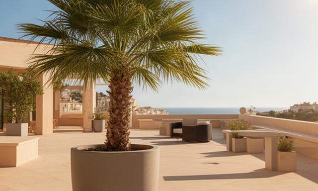 Palmera enana en una maceta grande decorando una terraza abierta de la Costa del Sol