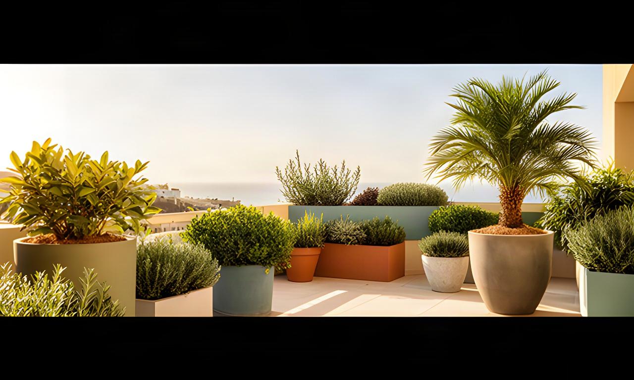 Terraza soleada en Manilva con macetas modernas, palmera enana y plantas mediterráneas resistentes