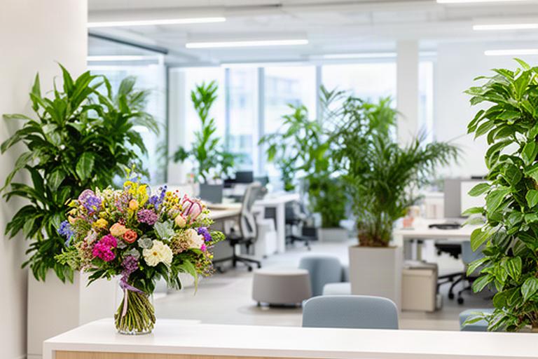 Zona de trabajo compartido con plantas de interior y ramo de bienvenida sobre una mesa de recepción