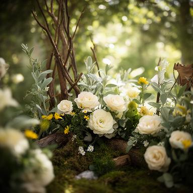 Set floral de inspiración bosque encantado con verdes y flores crema para una celebración familiar