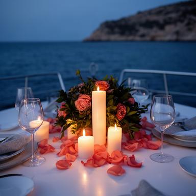 Centro floral compacto con velas en una cena romántica a bordo frente a la costa