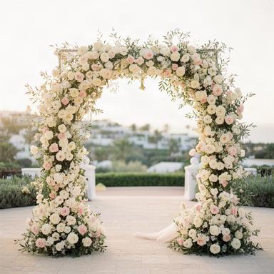 Arco floral de tonos marfil y rosa para una sesión editorial nupcial en Manilva