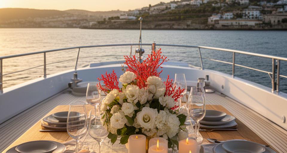 Mesa de cena romántica con flores blancas y coral en la cubierta de un yate al atardecer