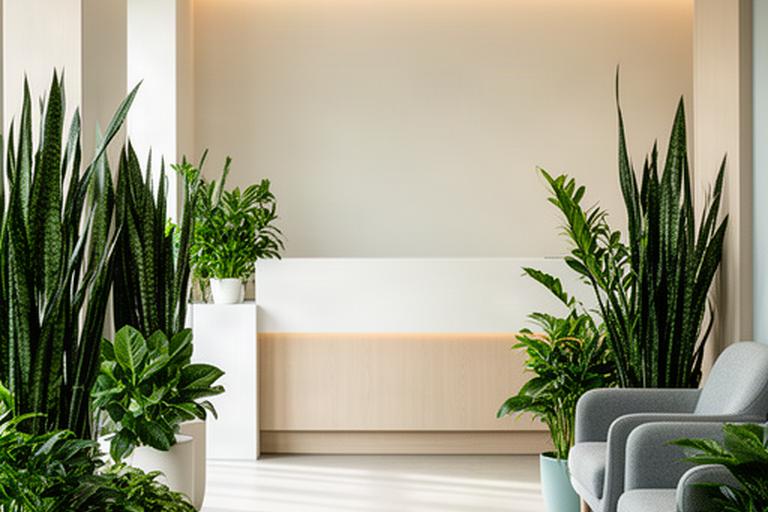 Recepción de clínica de bienestar con sansevierias y plantas verdes de bajo mantenimiento