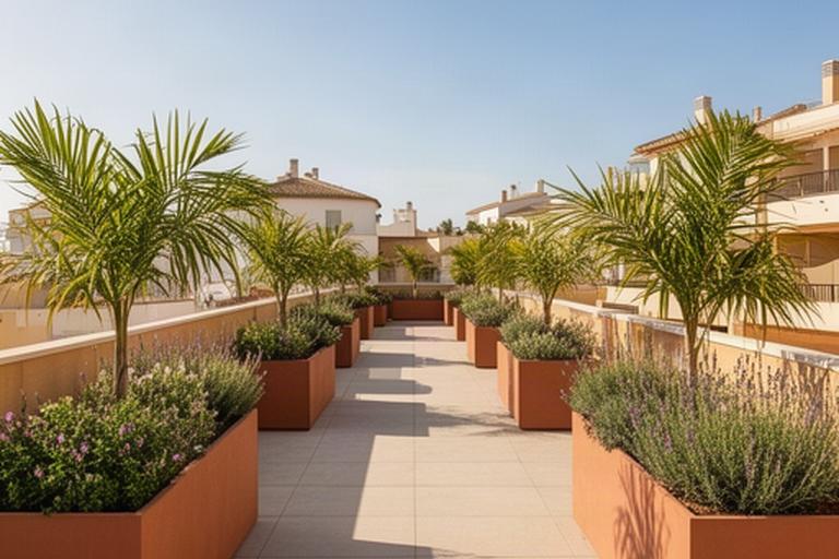 Terraza comunitaria de vecinos en Manilva con jardineras resistentes y zona de paso despejada