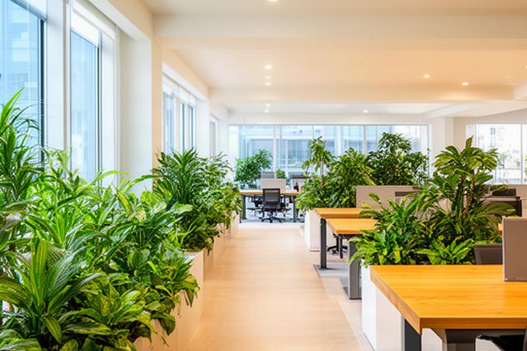 Zona de trabajo compartido con plantas de interior junto a mesas de madera y ventanales