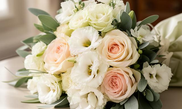 Ramo romántico de rosas y lisianthus claros preparado para un aniversario
