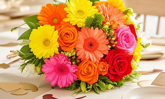 Ramo alegre de gerberas y rosas en tonos vivos sobre una mesa de cumpleaños