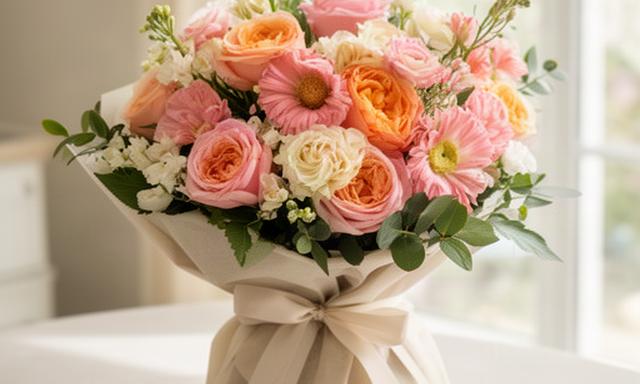 Ramo delicado de flores rosadas y melocotón preparado para el Día de la Madre