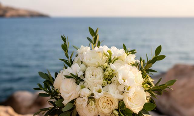 Ramo elegante de flores blancas y follaje verde para una pedida de mano junto al mar