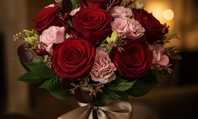 Ramo de rosas rojas y flores rosadas preparado para una entrega de San Valentín