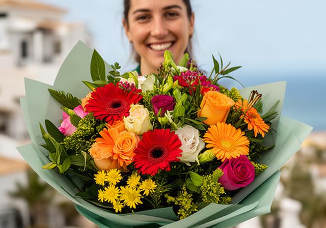 Ramo mixto de flores frescas y coloridas sostenido por una persona sonriente en Manilva