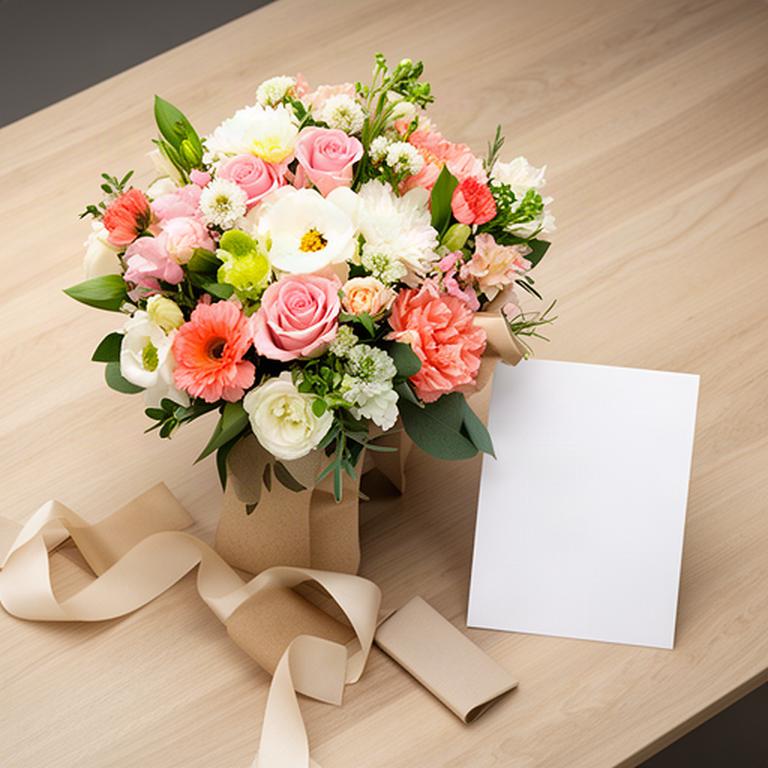 Ramo corporativo de flores de temporada con tarjeta personalizada sobre una mesa de madera clara