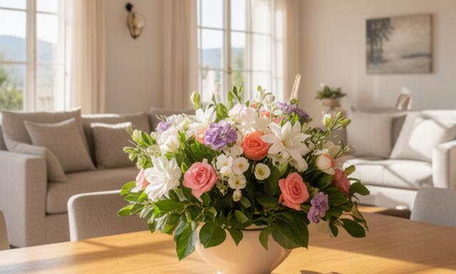 El mismo salón de villa con centro floral fresco sobre la mesa y ambiente acogedor