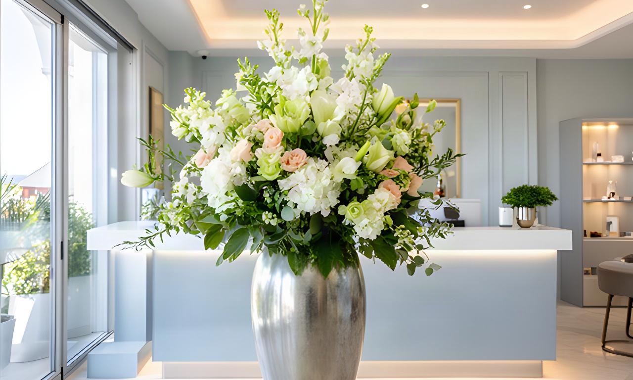 Recepción luminosa de un hotel boutique en Manilva con un gran jarrón de flores frescas