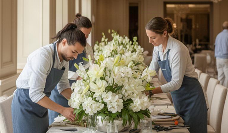 Equipo floral montando un centro de mesa corporativo con flores blancas en un salón de hotel de la Costa del Sol