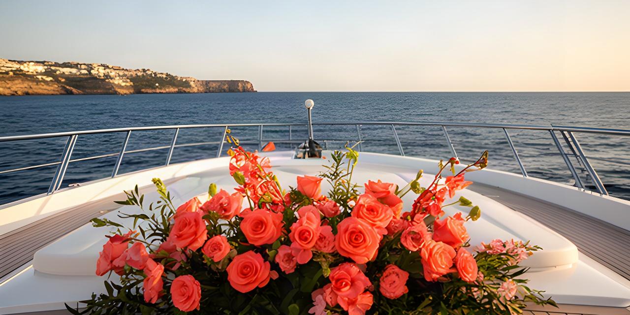 Set floral con flores coral y rosas sobre una terraza de yate frente al mar de la Costa del Sol