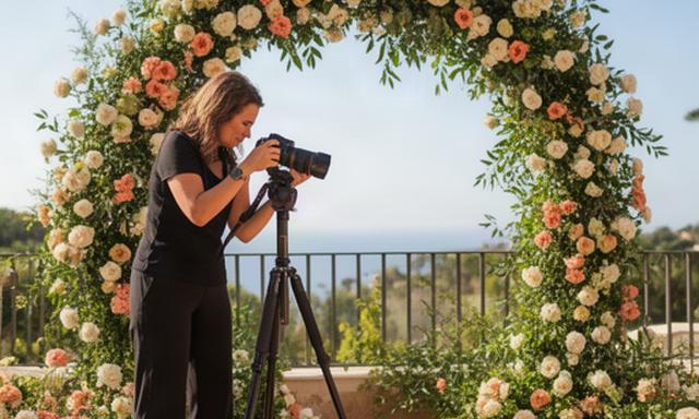 Fotógrafa trabajando junto a un arco floral en una sesión exterior de la Costa del Sol