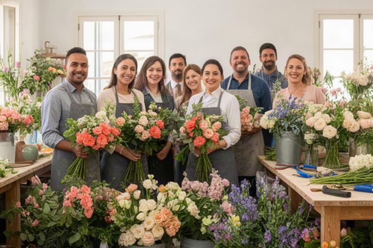 Equipo de floristas sonriendo entre flores frescas en el taller de Prado & Parra Flores en Manilva
