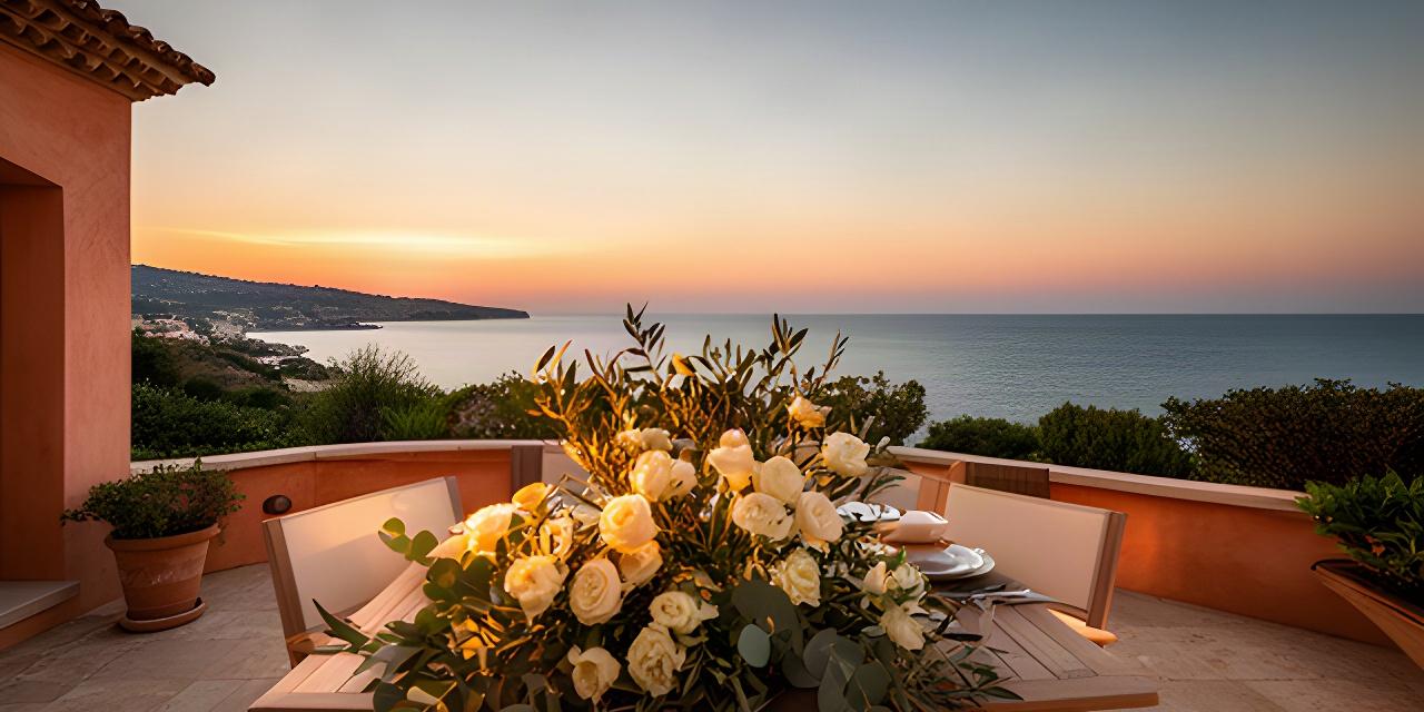 Terraza de villa junto al Mediterráneo al atardecer con arreglo floral sobre una mesa exterior